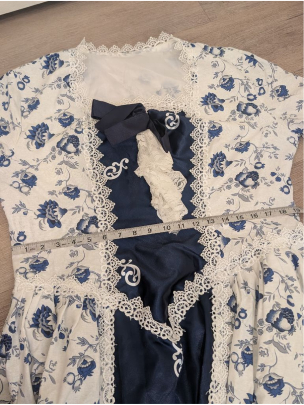 Blue Toile Rococo Marie Antoinette Gown XL - Renaissance Lace Floral Dress - Picture 6 of 7